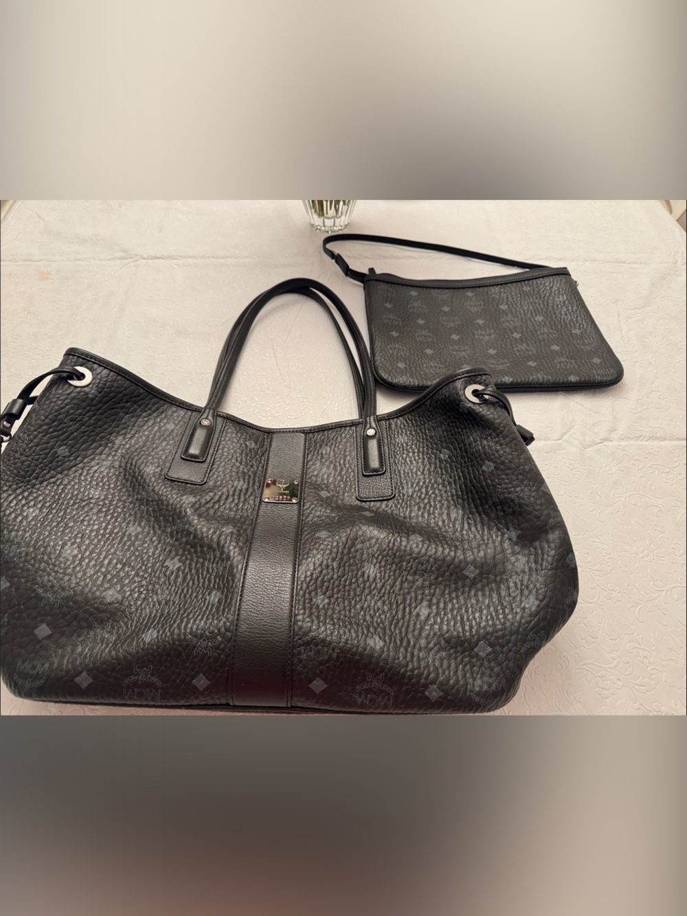 MCM Black Leather Duffel Tote with Removable Pouch